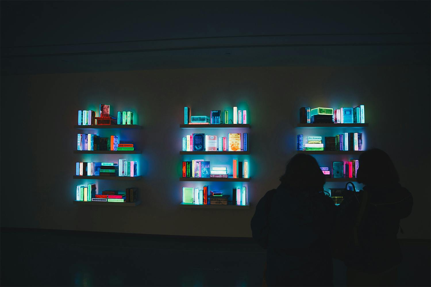Neon lit bookshelf
